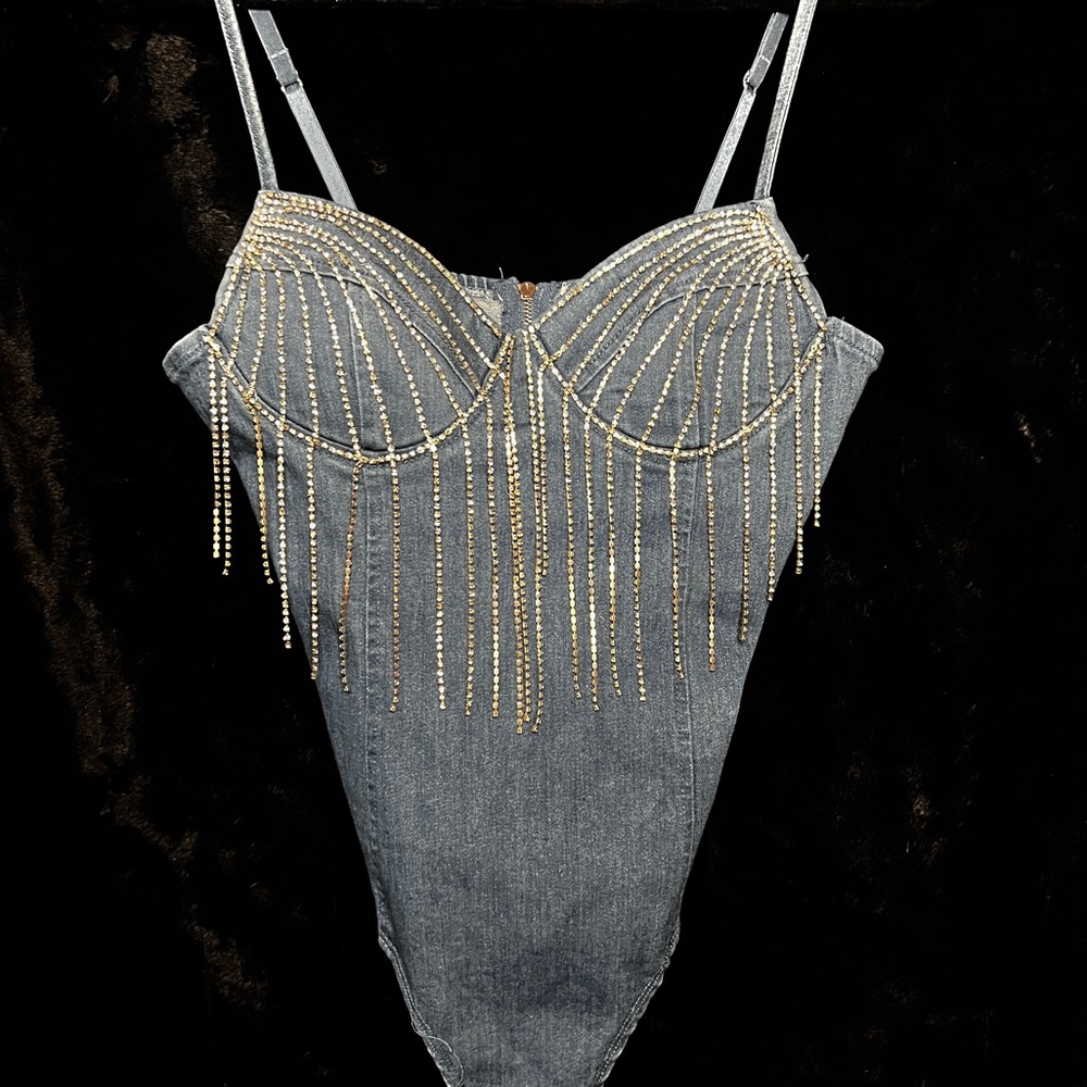 Denim zip up bejeweled bodysuit